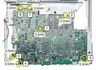 3. Turn over the frame, and remove the following from the logic board: One 4.5 mm long screw Six 3.