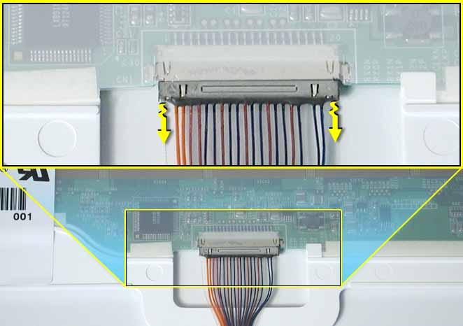 11. On the back of the LCD panel, grasp both sides of the LCD connector,