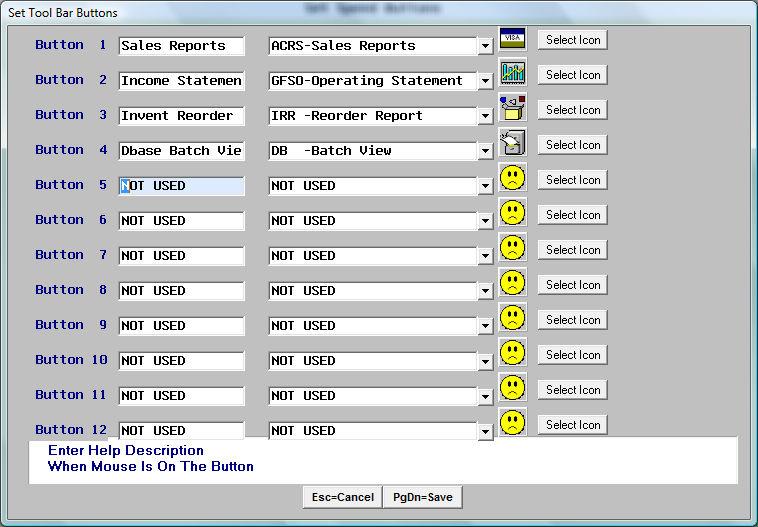 The second column is where you can assign a function or an Abacus menu item to the Toolbar icon as shown below. Click on the Drop Down Button or press F1 to see a list of all the Abacus menu items.