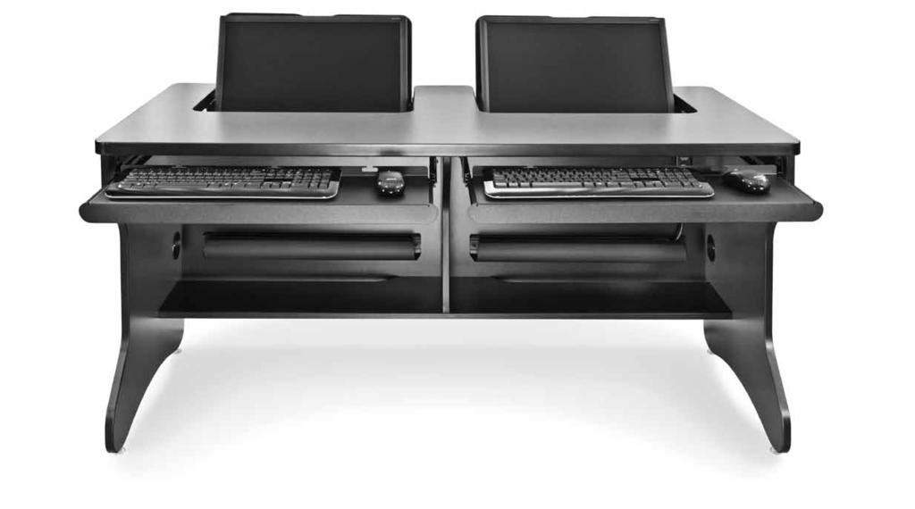 Desks are shown modeled with keyboards, LCD monitors, mice and CPUs: these computer components are not