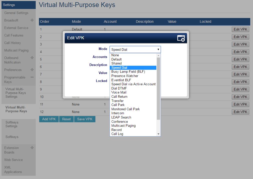 If users would like to configure more VPKs than the ones displayed on the page, the users can click on Add VPK to configure dynamic VPK. The dynamic VPK supports up to 17 mode options.