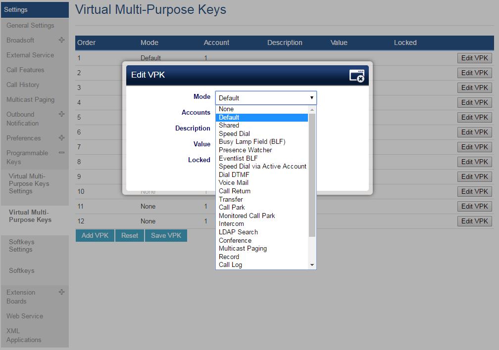 Figure 13: VPK Page Click on Edit VPK for the line (fixed VPK) you would like to configure. A new window will pop up for VPK configuration.
