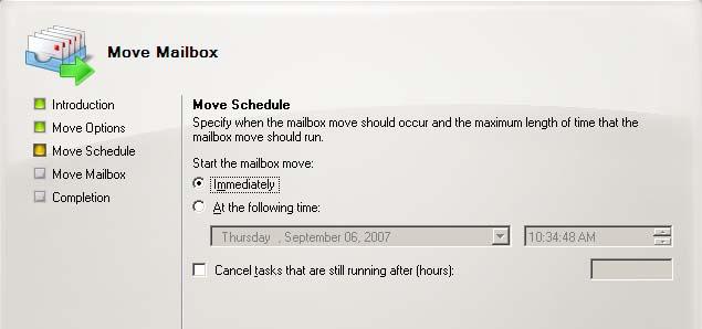 Figure 10. Move Mailbox: Move Schedule dialog box Scheduling options allow you to either perform the move immediately or to schedule the move for a later time.