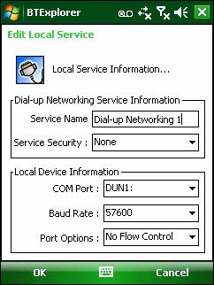 5-26 MC55 User Guide Figure 5-31 BTExplorer Settings - Dial-up Networking Information Table 5-4 Dial-up Networking Information Data Item Description Service Name Service Security Local COM Port Local
