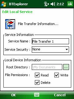 Using Bluetooth 5-27 Figure 5-32 BTExplorer Settings - File Transfer Information Table 5-5 File Transfer Information Data Item Description Service Name Service Security Root Directory File