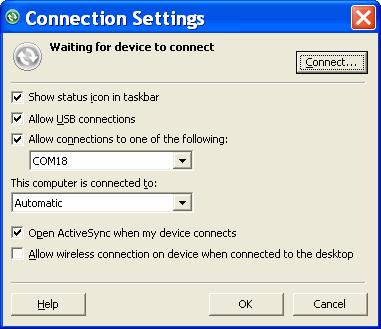 Click Start > All Programs > Microsoft ActiveSync. 10. Click File > Connection Settings. Figure 5-59 ActiveSync Connection Settings 11.