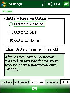 Using the MC55 2-11 Figure 2-7 RunTime Tab 3. Select one of the Battery Reserve Options. Option 1: Minimum - After a low battery shutdown, data will be retained for minimum amount of time.
