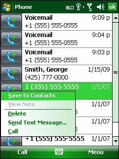 Using the Call History Menu Use the Call History menu to dial voice mail, access the Activation Wizard, save to contacts, view a note, delete a listing, send an SMS, and make a call. 1.