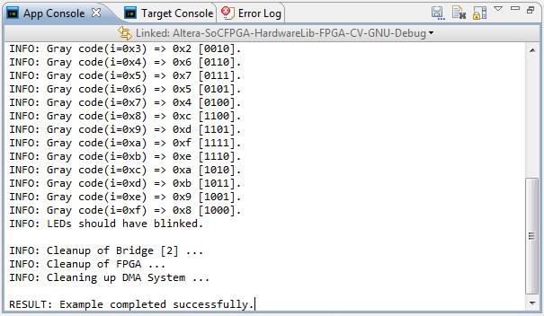4-40 Running the Hardware Library Sample Application Figure 4-17: Application Completed Sequence 1 8. Click Disconnect from Target button to close the debugging session.