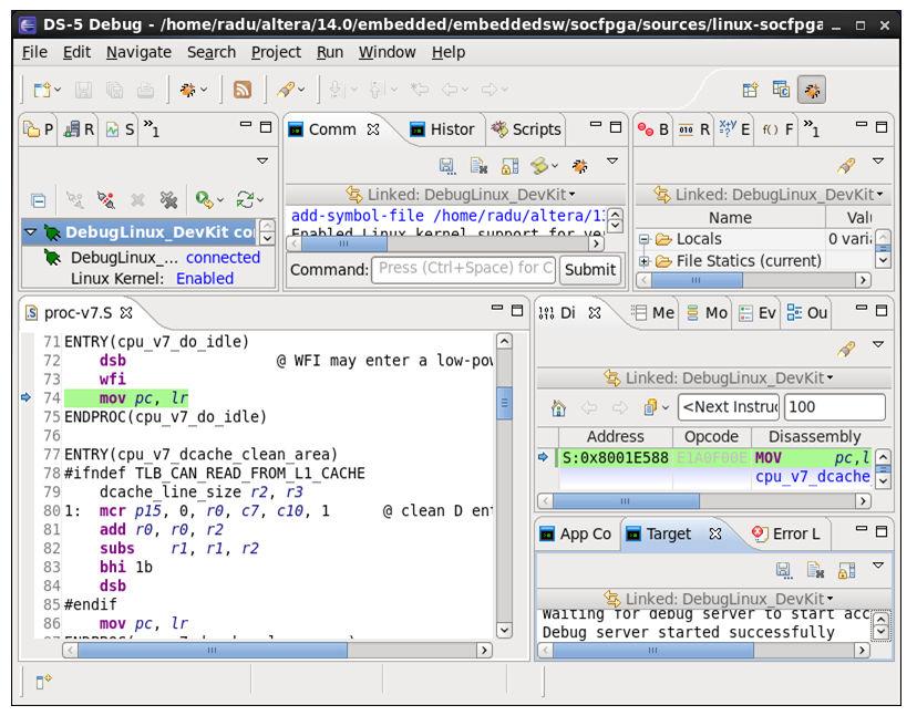 4-50 Debugging the Kernel Figure 4-24: Linux Kernel Stopped 7. To view the running threads, maximize the top left panel.
