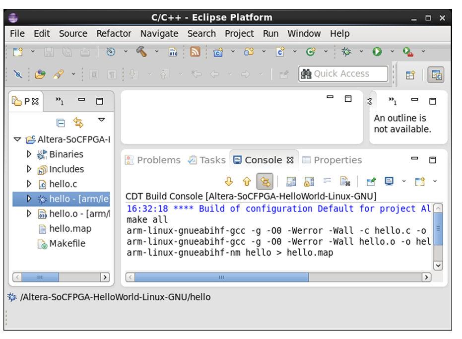 4-56 Compiling the Linux Application Debugging Sample Application Compiling the Linux Application Debugging Sample Application 1. To compile the application, select the project in Project Explorer. 2.