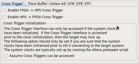 Enabling Cross-triggering on HPS 4-73 Figure 4-50: Debug Configuration - Connection 2. The Cross-Trigger tab of the DTSL Configuration Editor allows Cross-trigger configuration.