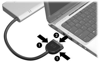 Press and hold the buttons on the sides of the expansion cable (1), and then remove the cable from the computer (2).