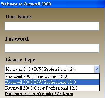 Kurzweil 3000 When you launch Kurzweil, you will get the following screen. If you want to scan a document, choose Kurzweil 3000 B/W Professional 12.