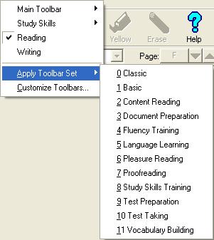 Chapter 1. Kurzweil 3000 Basics Applying a Toolbar Set On the Toolbar Right Mouse Button menu, under Apply Toolbar Set there are additional toolbar sets that you can use for a variety of situations.