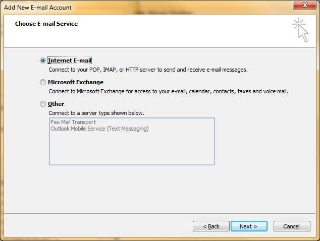 Select Microsoft Exchange, POP3, IMAP, or HTTP and click