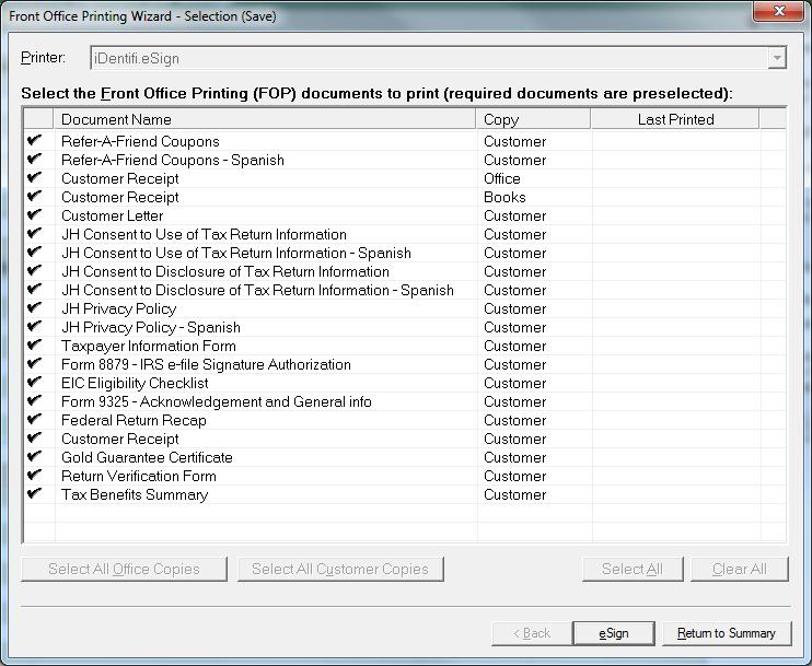 If the computer is not set up for ESS, ProFiler proceeds as it normally would for traditional printing and signing of FOP documents. NOTE: Notice that many of the Office copies are not listed.