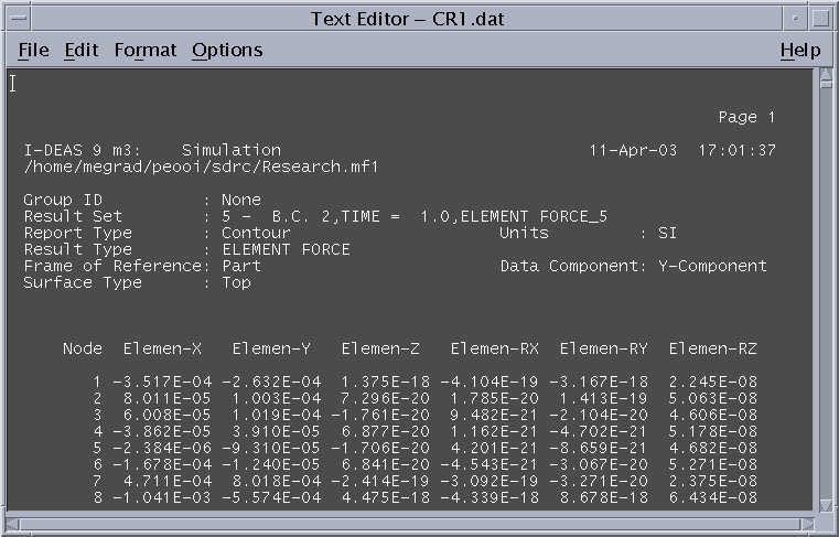 FIGURE 4.9 Element force data file on Text Editor.