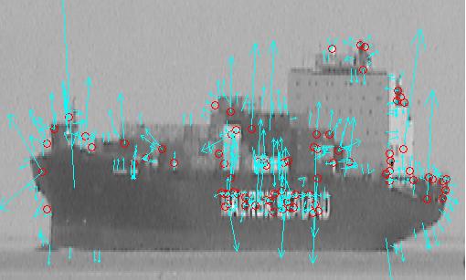 (b) Image of the cargo carrier being occluded by another ship and tugboat. (c) Number of features matched in each image of the sequence.