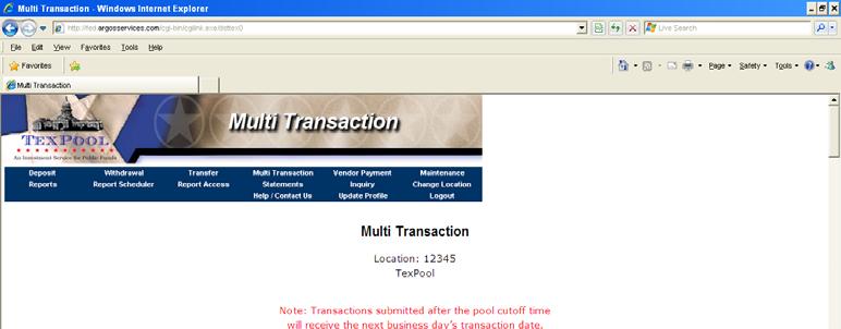 After each transaction has been submitted, the Transaction Entry Summary at the bottom of the screen will note the number of transactions performed.