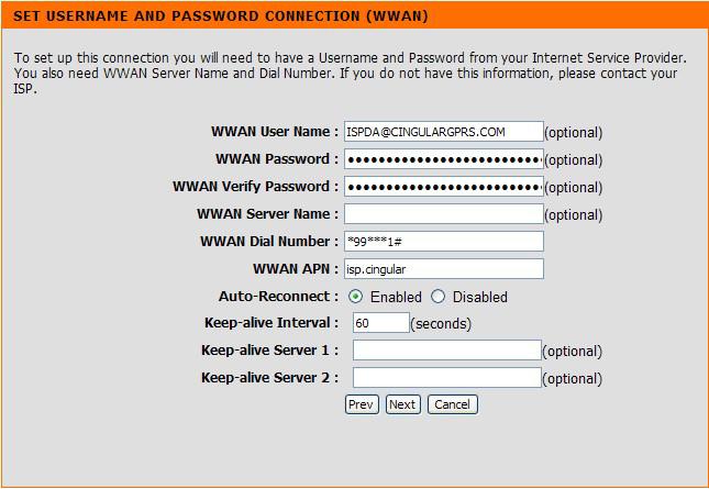 Click Next Enter your WWAN user name, password, and server information.