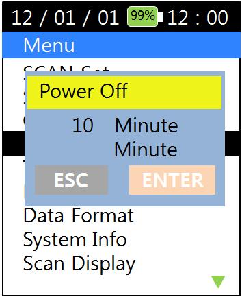 6.10.3 Auto Power Off Use this option to program the time elapsed before the instrument is automatically switched off after the last key-press. See picture below for this option s user interface.