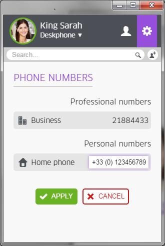o If other number is selected, a window appears to define it o Phone numbers are defined in the settings of the