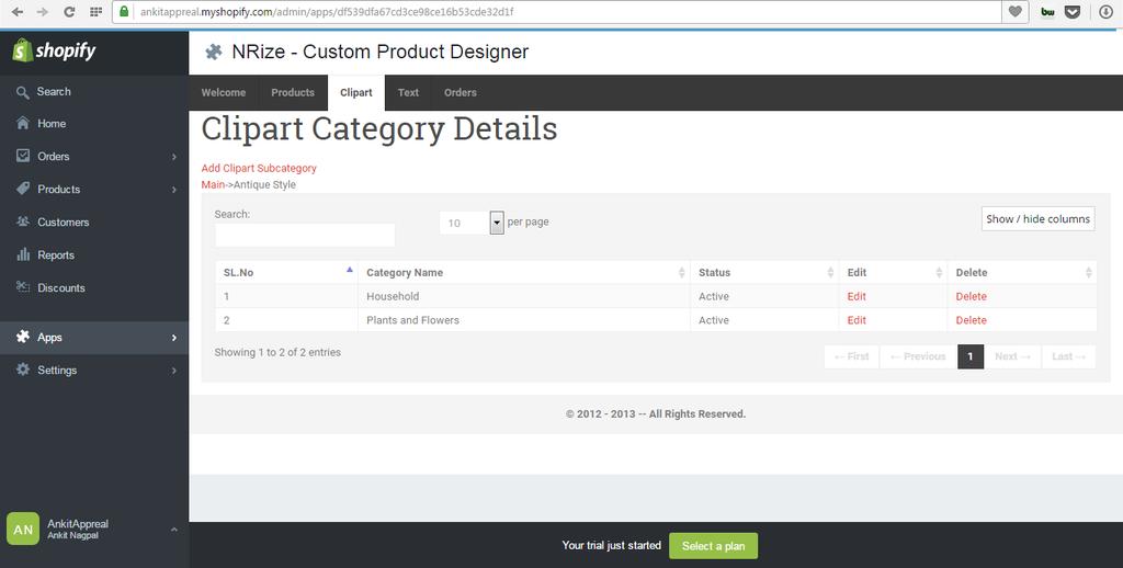 Online product customizer NRize supports 2 level categories, so from here, you can create clipart categories.