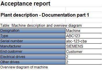 3 Functional mechanisms of this application 3.1 The Excel file - the acceptance report 3.1.2 "System description" spreadsheet This spreadsheet contains general machine data. Fig.