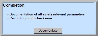 5 Using the application 5.2 Operator inputs 7. The documentation also includes the safety parameters, the safety clock cycles, the firmware versions and the checksums.