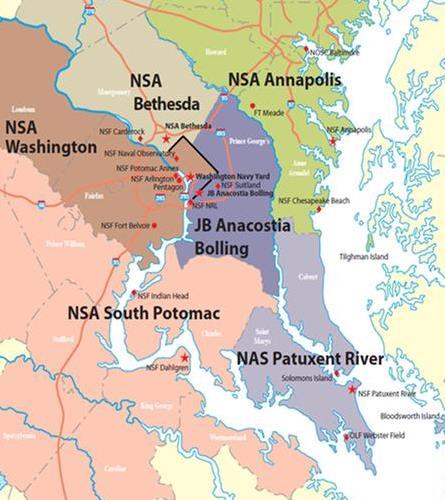 Commander, Naval Installations Command Region Naval District Washington NDW Footprint* Joint Base Anacostia Bolling (DC) NAS Patuxent River (MD) NSA Annapolis (MD) NSA Bethesda (MD) NSA South Potomac