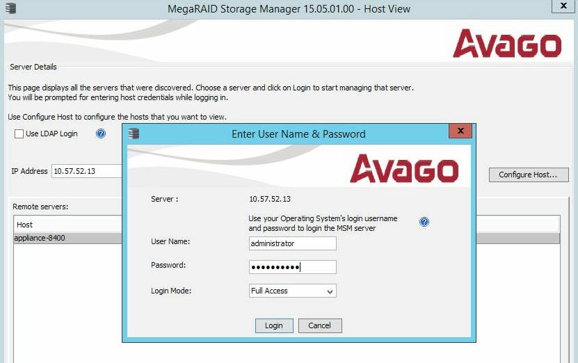 Log into the MegaRAID Storage Manager. Log into the UDP Appliance Server, open the MegaRAID Storage Manager, and login with the administrator credential.