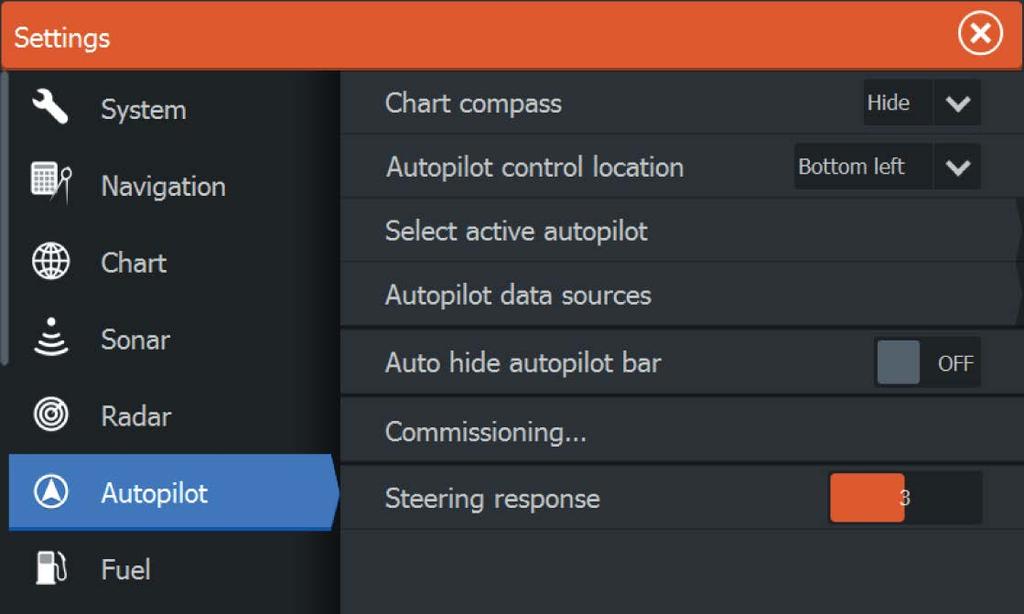 Autopilot settings Ú Note: Options shown on the Autopilot setting dialog varies depending on if the trolling motor or outboard motor autopilot is active.