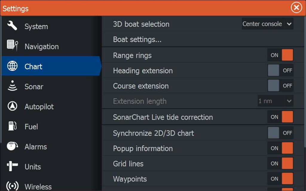 Chart settings Settings and display options made in the Chart settings page are common for all chart panels. 3D boat selection Determines which icon to use on 3D charts.
