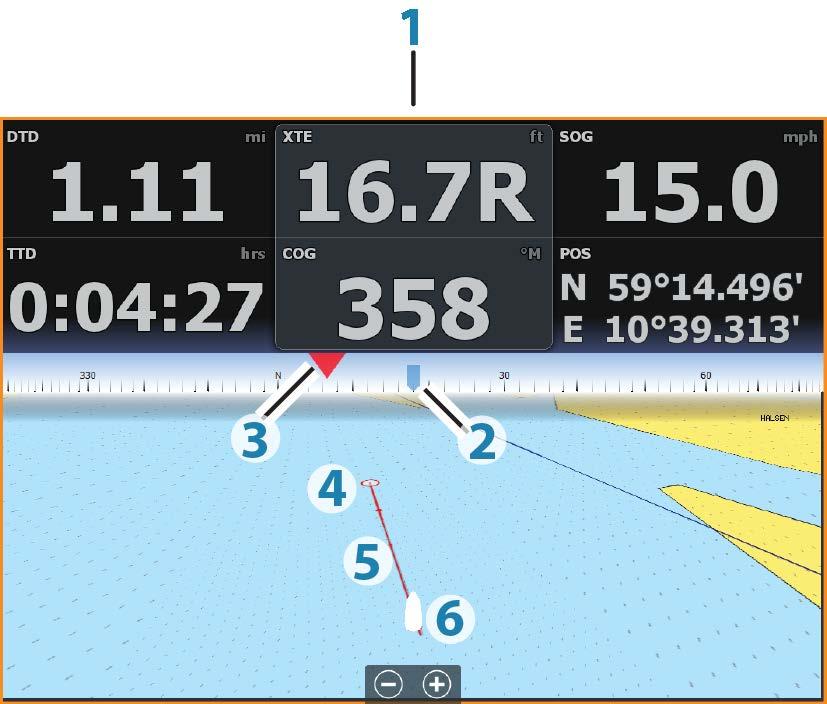 6 Navigating The navigation function included in the system allows you to navigate to the cursor position, to a waypoint, or along a predefined route.