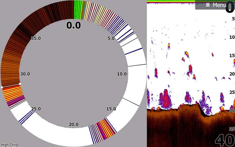 Flasher The Flasher mode shows a flasher-style sonar view in the left panel and a normal sonar view in the right panel.