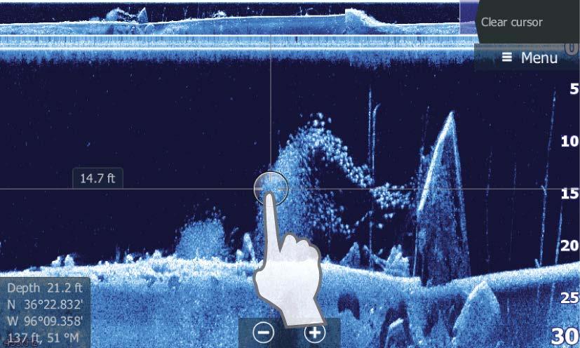 SideScan image, the left/right distance from the vessel to the cursor are shown at the cursor position.