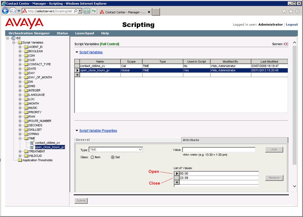 Configuring the office hours Procedure 1. From the Contact Center Manager Administration Launchpad, select Scripting. 2. In the Scripting window, expand the system tree. 3.
