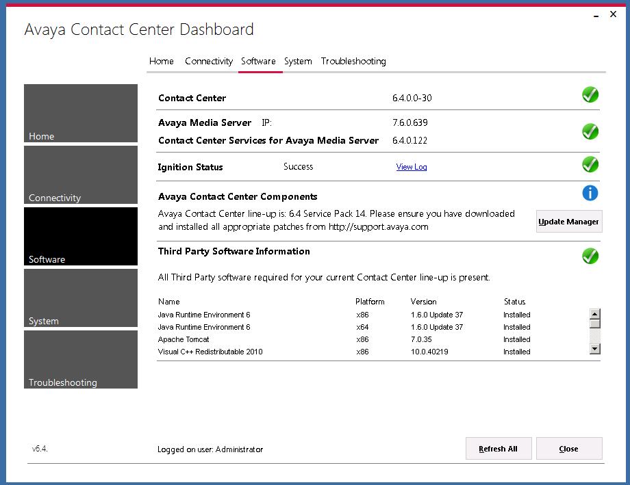 Starting the Contact Center Dashboard 14. Select the Software tab. 15. Contact Center Version displays the version of the Contact Center software installed on the server. 16.