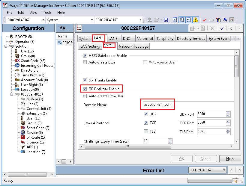 Configuring the SIP domain name Procedure 1. Using IP Office Manager, select the IP Office server in the Configuration pane. 2. In the Configuration pane. under the IP Office server, select System. 3.
