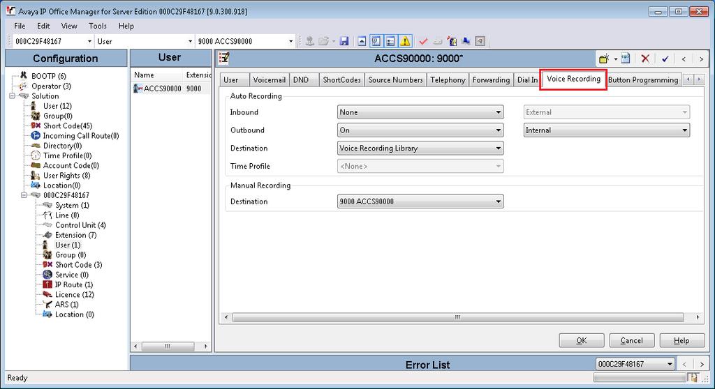 IP Office configuration 20. From the Destination list, select Voice Recording Library. 21. Click OK.