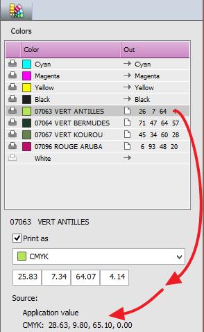 The CMYK values from the application (Illustrator converts the Lab spot color description to CMYK using the