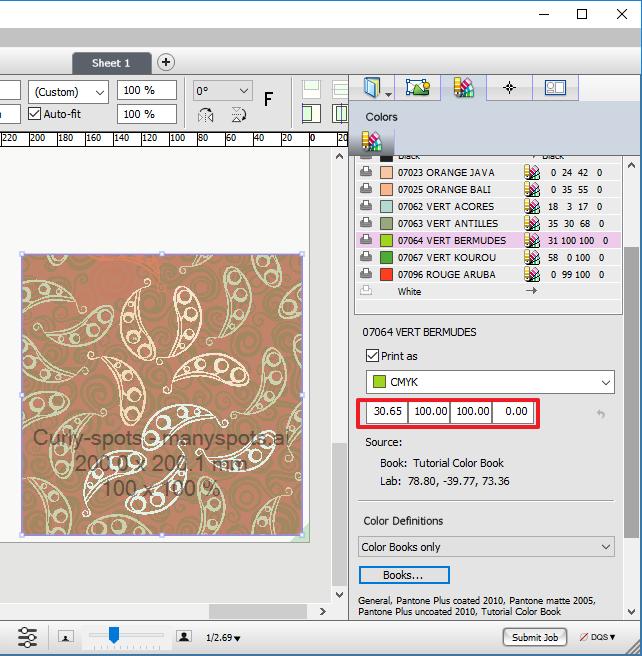 To use the Global Spot color exception, create a job with the printer, media CPM and application similar as for which you created the spot color exception. 1. Drag the Curly-spots - manyspots.