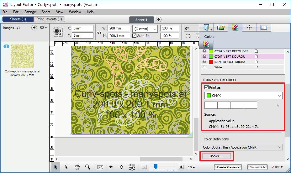 4. Use custom spot color books in the Layout Editor This exercise will teach you how to use the (custom) color books in the Layout Editor. 1. Drag the Curly-spots - manyspots.
