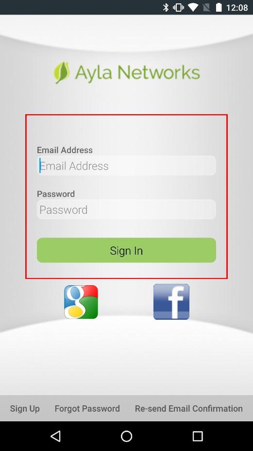 3. Sign into the Ayla Networks AMAP App with the credentials (email and password) used when you registered for the Ayla Networks Developer Portal account.