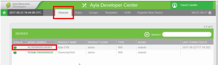 Log into the Ayla Developer Portal. 3. On the Welcome page, click View My Devices icon.