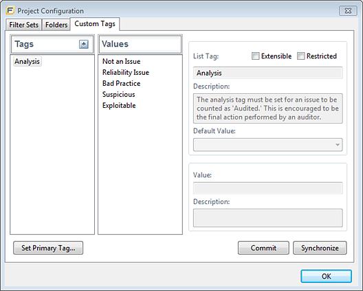 After you define a custom tag, it is displayed below the Analysis tag, which enables you to specify values as they relate to specific issues.