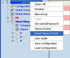 7.2 Resetting the History/Trend To reset the trends/logs, right mouse click on the Root Node and then select the Reset History/Trend menu item (see Figure 42) Figure 42 Resetting the History/Trend