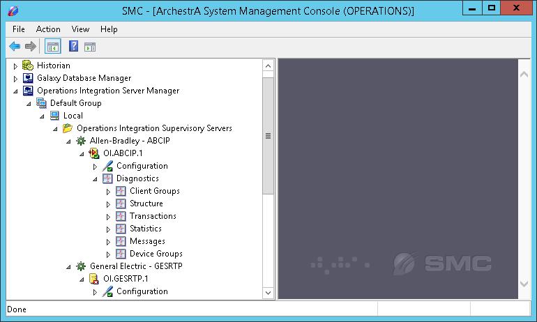 When expanded as shown, an active OI Server contains both Configuration and Diagnostics nodes.