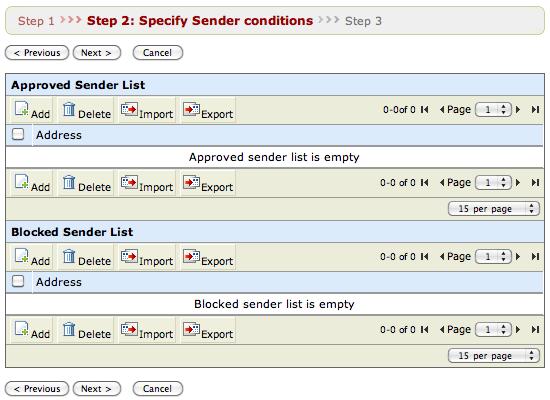 Figure 10 Specifying Sender Conditions Finally, you can choose the filters, actions and